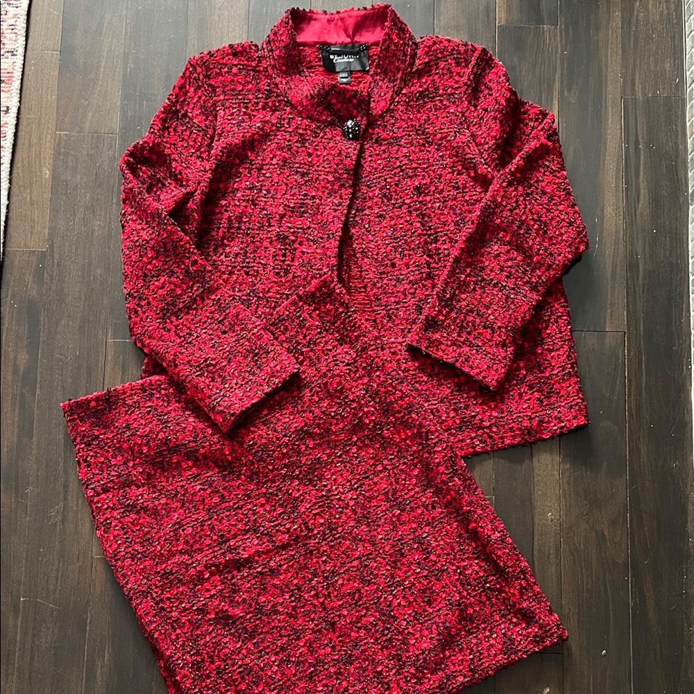 St. John Couture Red Tweed Jacket and Skirt Set Size 14.